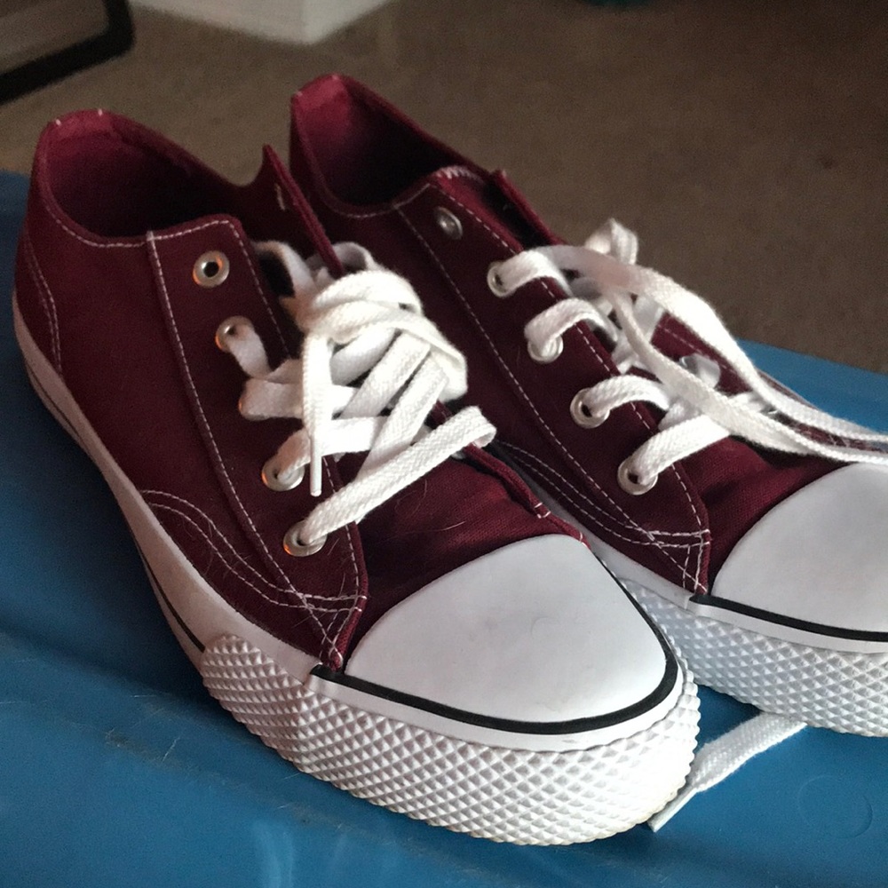 Maroon and white air walk sneakers